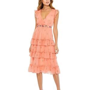 Mac Duggal Apricot Floral Print Ruffle Tiered Cottagecore Midi Dress 2